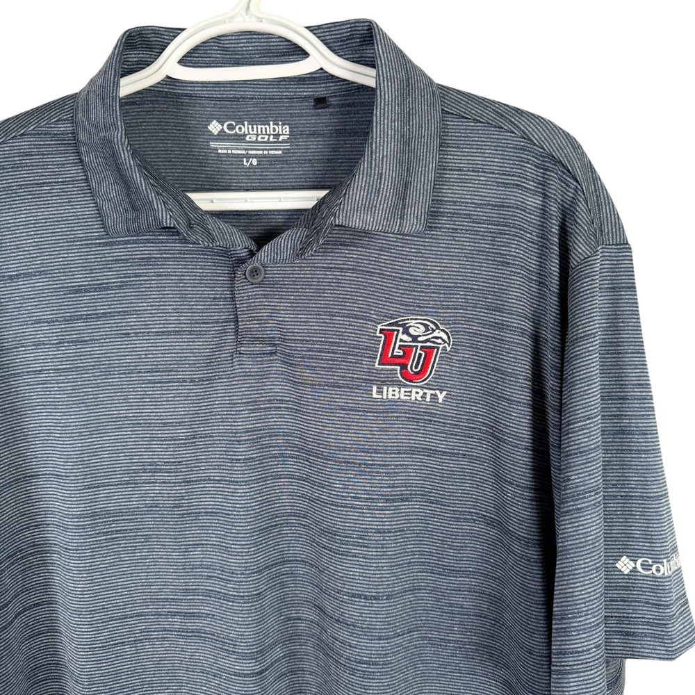Columbia Golf Liberty Flames Polo Shirt Mens L Gray Striped Short Sleeve Stretch